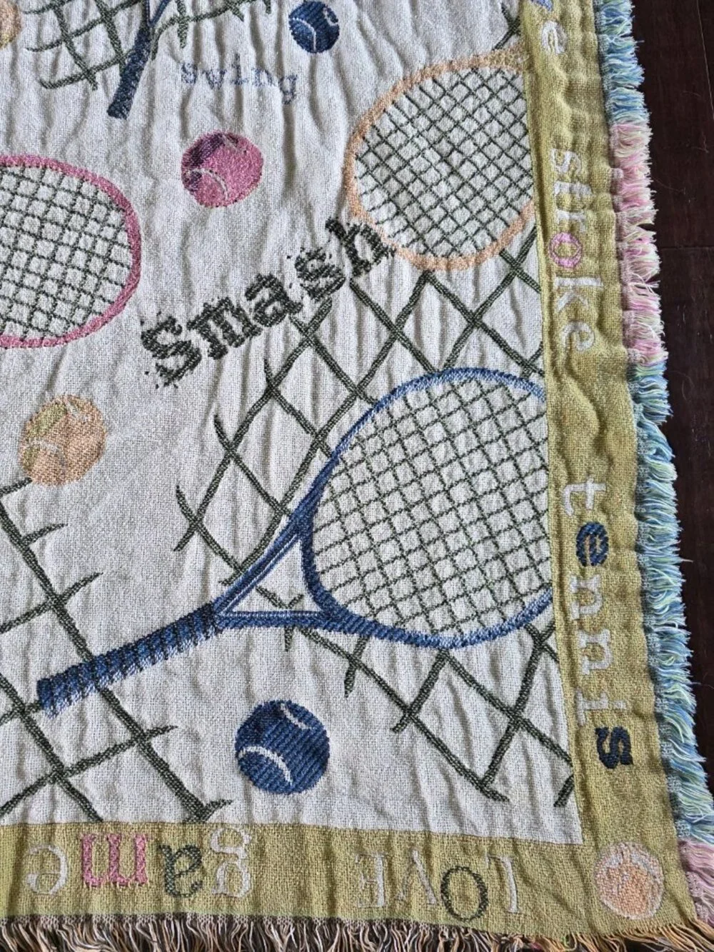 Vintage Tennis Woven Tapestry Throw Blanket 45x60 Fringe Sports Goodwin Weavers
